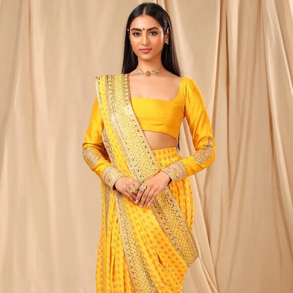 House of Masaba Yellow and Pink Floral Dhoti Sari | Kynah | Pernia’s - Picture 1 of 7